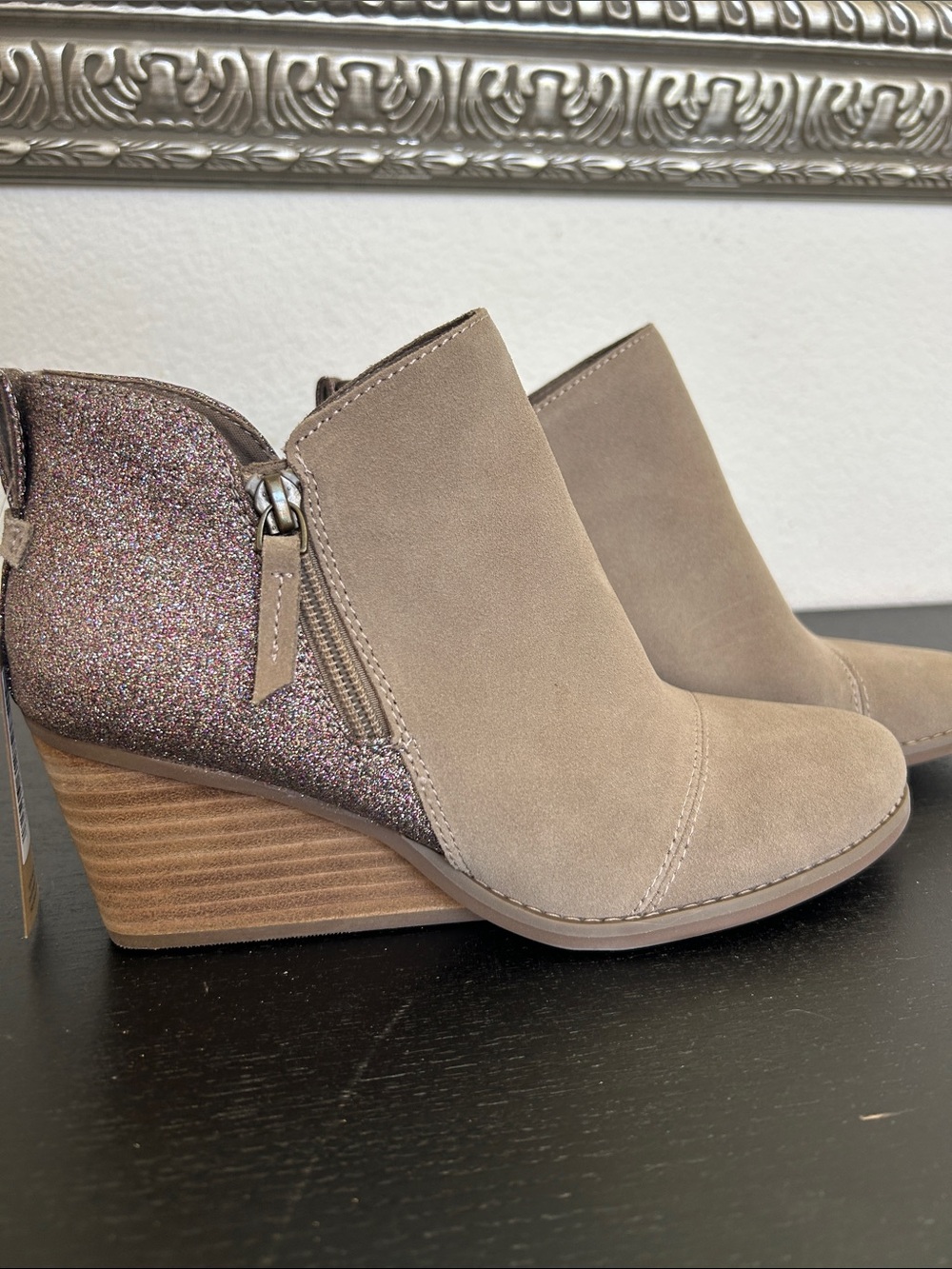 Toms Taupe Suede Ankle Booties with Multicolor Glitter Heel - Picture 2 of 6